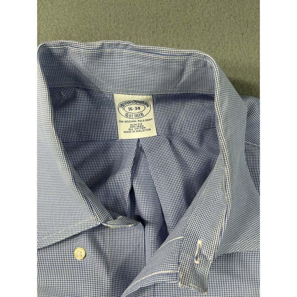 Brooks Brothers Slim Fit Dress Shirt Blue Tiny Check 16-34 Non-Iron
